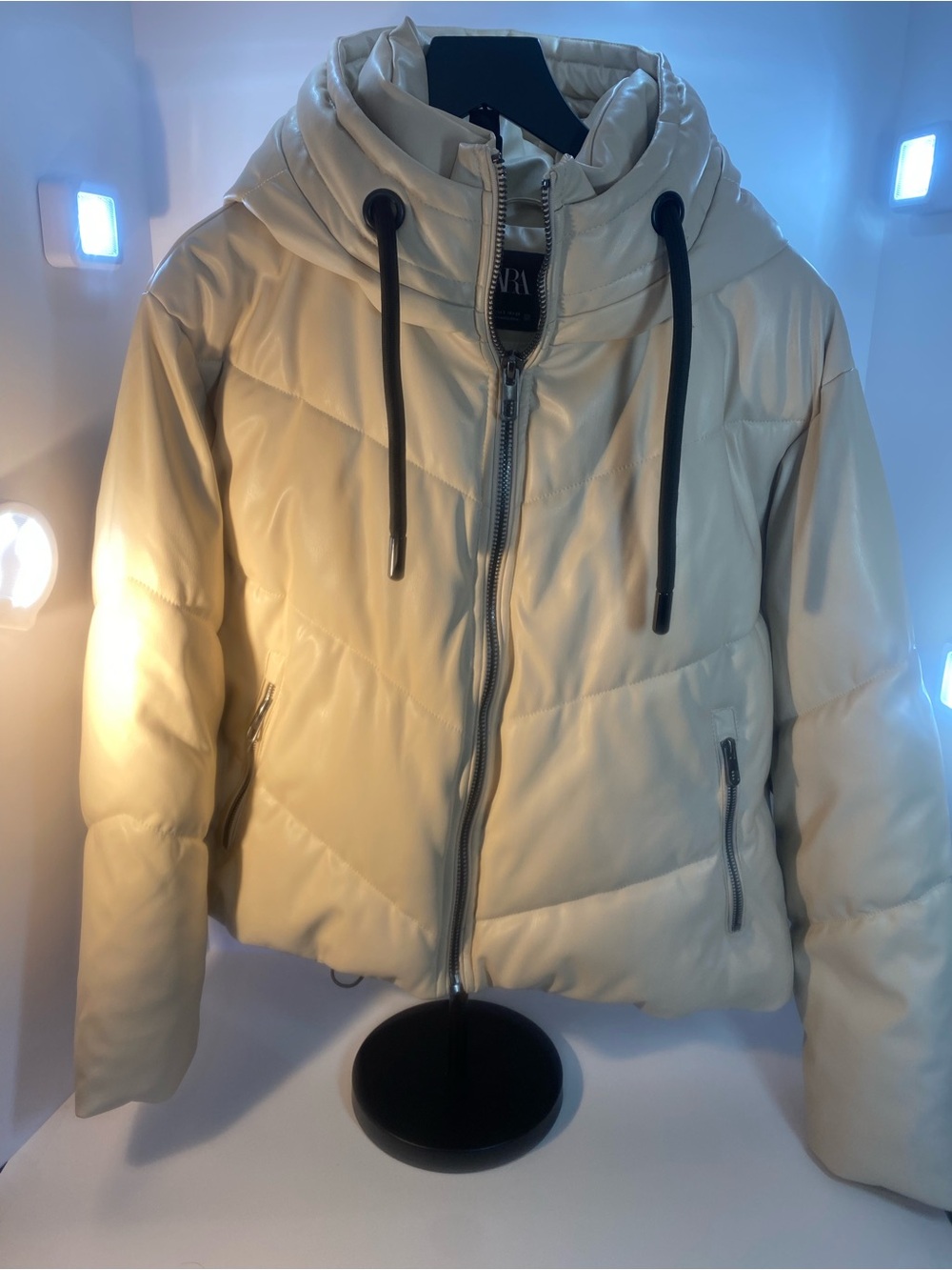 Zara Cream Cropped Hooded Puffer Jacket with Black Drawcords